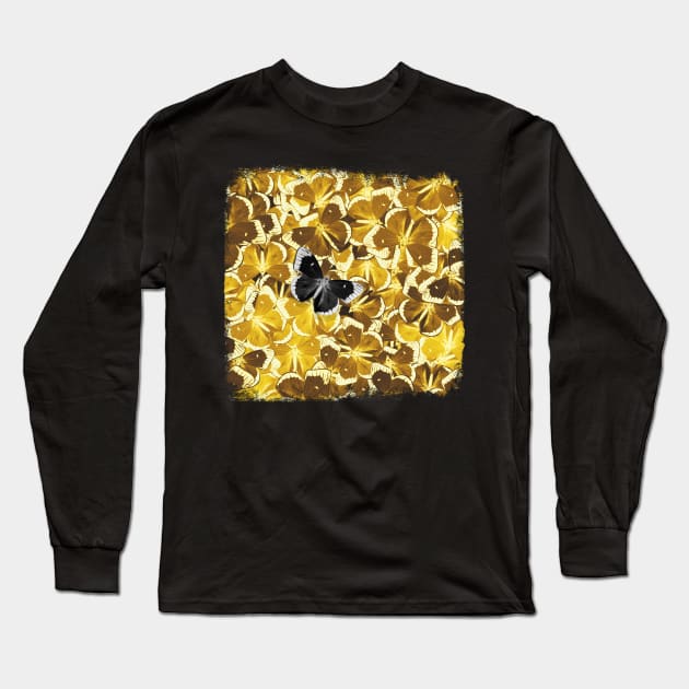 Dare to be Different - Black Butterfly on Golden Yellow Butterflies Long Sleeve T-Shirt by DyrkWyst